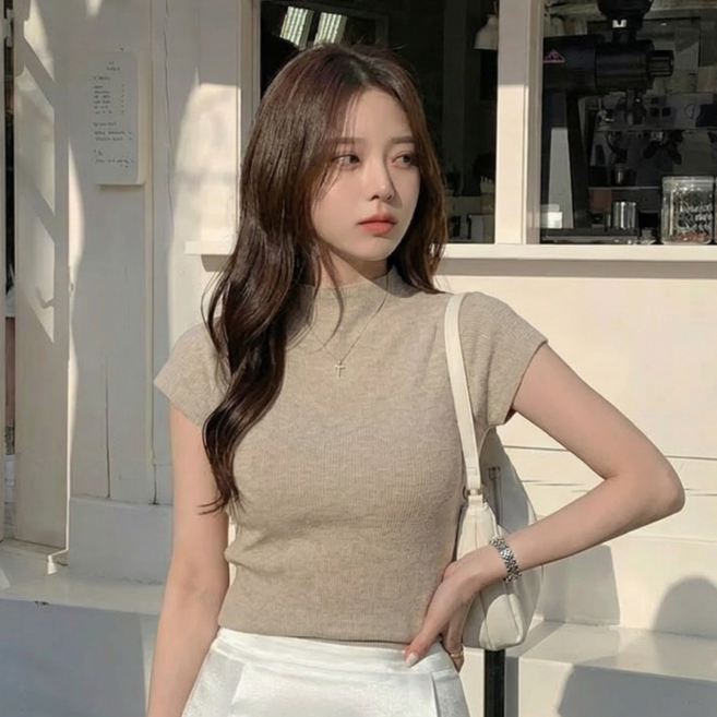 에리르 반목 반소매 니트 베이직 무지 캡소매 레이어드 이너 니트 티셔츠