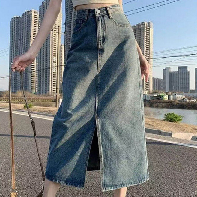 밑단 트임 롱 데님스커트 청치마 봄스커트 앞7부 슬릿 미디스커트 H라인