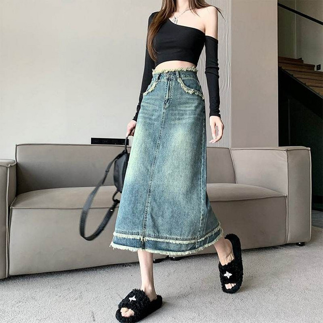 毛邊設計感a字牛仔裙 女 夏季 高腰中長裙