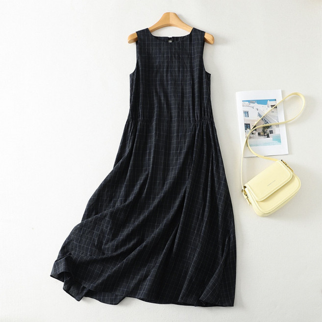 LUNATURE 여성 여름 민소매 체크 롱원피스 루즈핏 캐주얼
