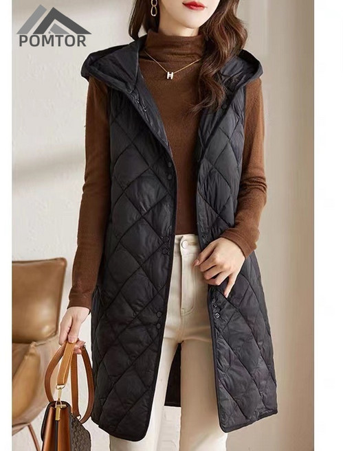 POMTOR 여성 겨울 경량 롱 조끼 패딩 루즈핏 다운 후드 롱 코트