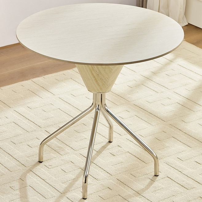 하조이 모던 럭셔리 미색 트라버틴 패턴 세라믹 원형 식탁 스테인리스 베이스, 화이트, 2인용