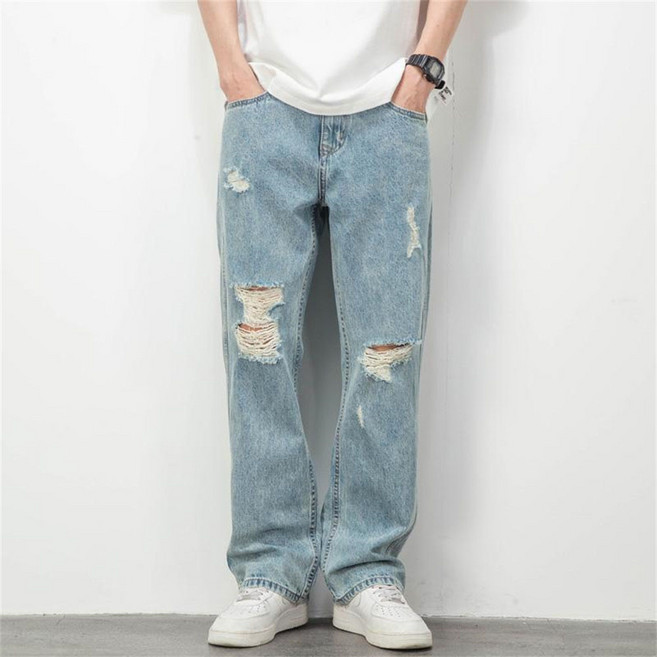 TKX 남성 찢어진 청바지 스트레이트 데님 팬츠 캐주얼 스타일 와이드청바지 KW81