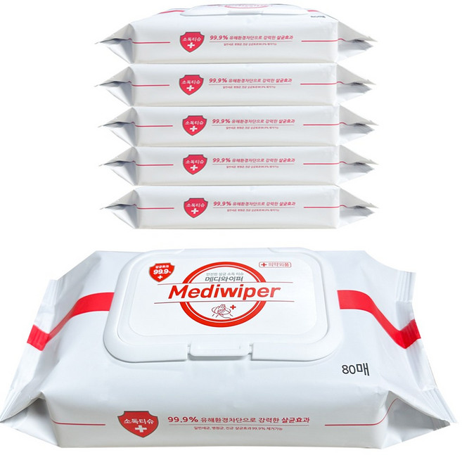 메디와이퍼 소독 물티슈 캡형, 80매, 5개