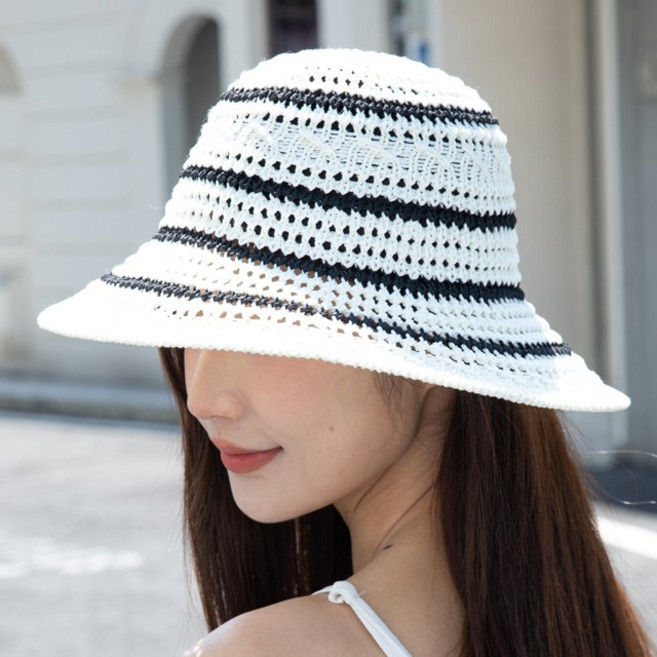 [메르나뛰] 챙넓은 라피아 여성 버킷햇 여행 햇빛차단 밀짚 여름 니트 모자 ME308