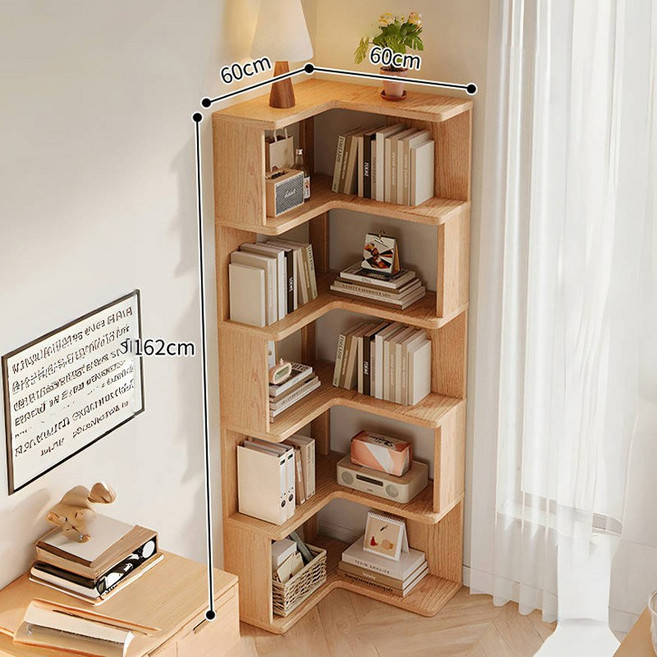 코너 책장 층이 많은 다기능의 코너 거실 서재 우드 책꽂이, 원목색, 5단