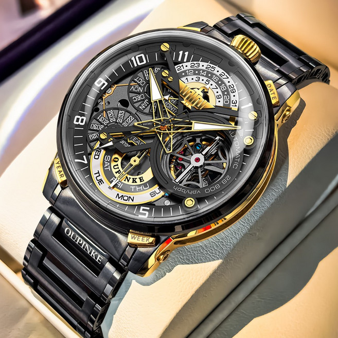 OUPINKE 남성 시계 자동 기계식 오토매틱 럭셔리 워터프루프 명품 메탈 패션 야광 다기능 손목