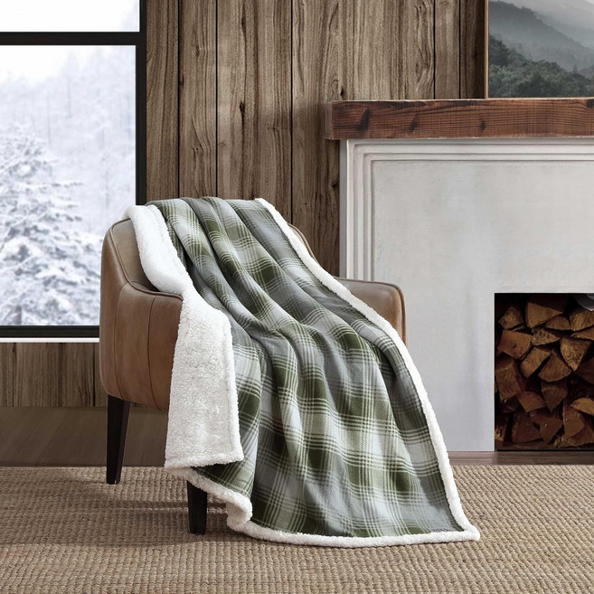 Eddie Bauer 플리스 담요 페어 아일 카키 양면 셰르파 커버 컬렉션 소파용, Nordic Plaid Green