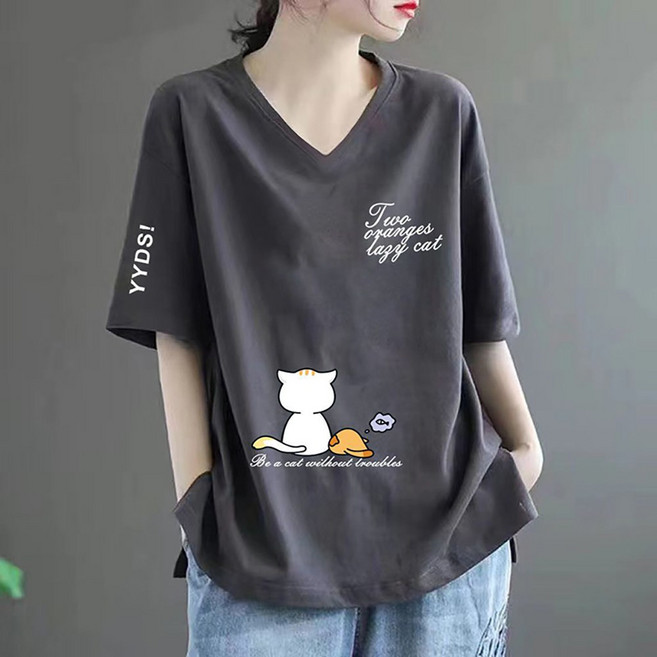 MOSAIRATION 여성 여름 루즈핏 브이넥 귀여운 캐릭터 프린트 캐주얼 데일리 반팔 면 티셔츠 B0050923