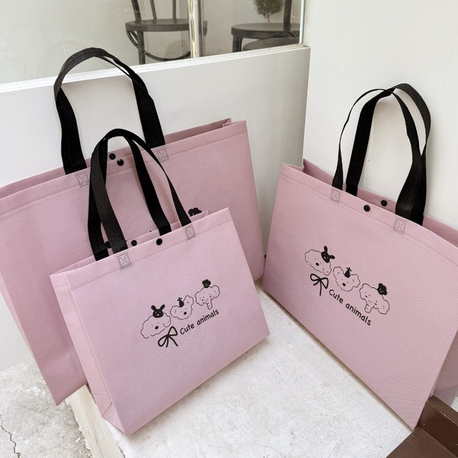 부직포 쇼핑백 선물 복장 손잡이 포장봉투 방수 빵곰, 10개, 핑크 동물