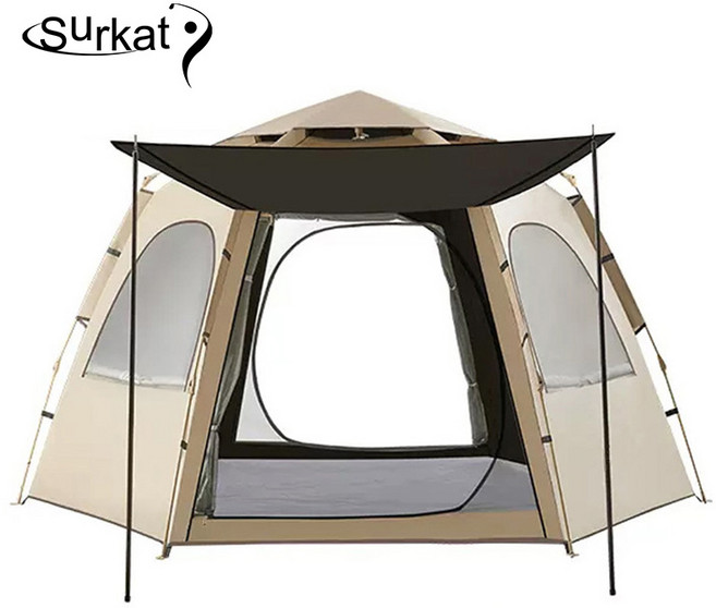 Surkat 원터치텐트 블랙코팅 자외선차단 육각형 텐트 실버코팅 캠핑그늘막텐트, 베이지, 3-4인용