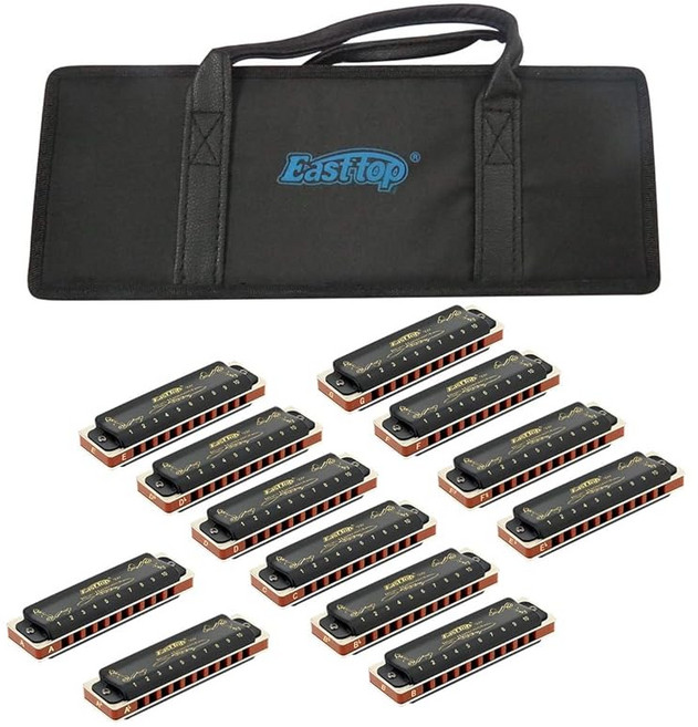 East top 하모니카 12셋트 블루 하프 10홀 20톤 황동커버 캔버스 케이스 깨끗한 천 초보자 전문가 공부 연습용 다이아토닉하모니카(T008K-Bk-12), 상세 설명 참조