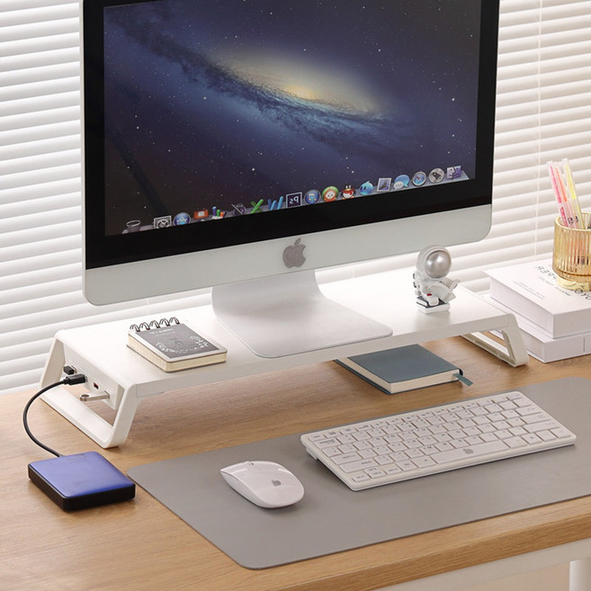 차르미콜 모니터 받침대 USB허브 4구 2.0포트 책상정리 키보드수납 스탠드, 화이트