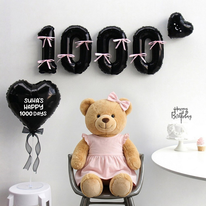 이벤트홀릭 블랙 숫자 리본 기념일 풍선세트(자유레터링), 1000, 1개, 리본 핑크