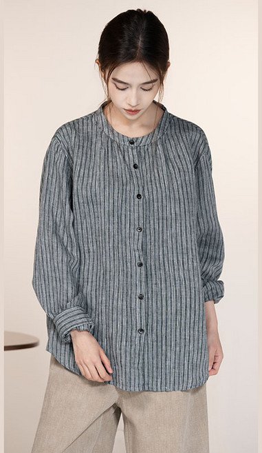 【文藝百搭】亞麻襯衫 條紋襯衫 寬鬆襯衫 長袖襯衫 女裝上衣 立領設計 日系慵懶風 透氣舒適 春秋季通勤休閒