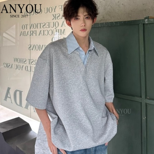 ANYOU 블랙 페이크 투피스 반팔 남성 여름 트렌드 폴로 셔츠 고급감 깡패 오분팔 상의항 바람