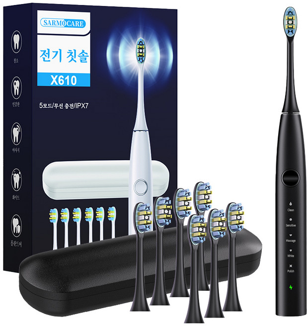 음파전동칫솔 초음파 전동칫솔 스마트 음파 전동칫솔 본체 전동칫솔 파워화이트닝 전동칫솔 전동칫솔 리필브러쉬 6개 여행가방, Black, 1세트, X610