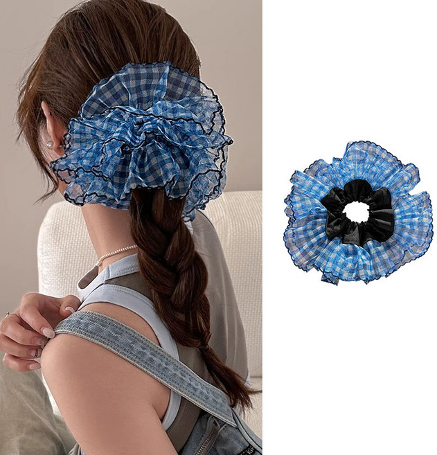 ZMBIRD 2PCS 곱창 머리끈 블루 체크 망사 N6683