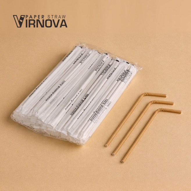 【Virnova】 竹纖維 紙吸管 6x235mm 可彎吸管 棕色 平頭 獨立紙包 100入 生物可分解 環保吸管, 1包, 100支