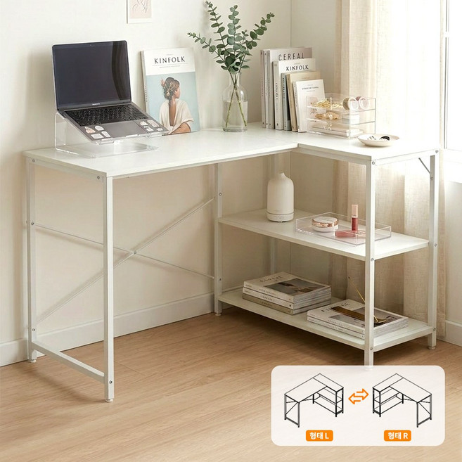KOTTII L자형 게이밍 컴퓨터 책상 코너사무용책상 화장대, 화이트