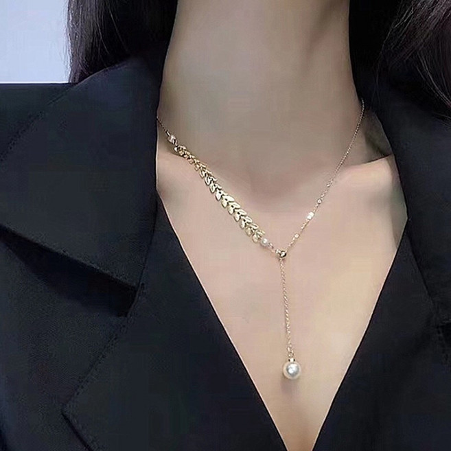 영블리 YJN005 [써지컬스틸] 러블리 진주 Y 쇄골라인 체인 목걸이