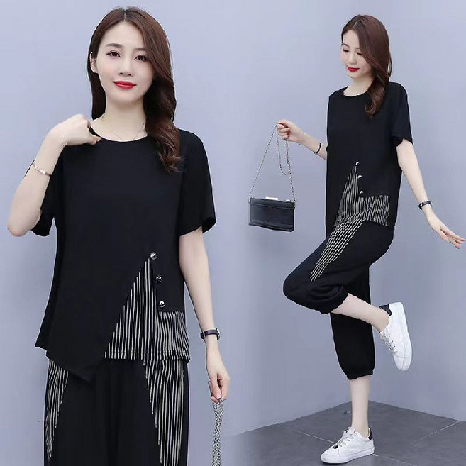 休閒兩件套 運動套裝女 短袖七分褲 寬鬆大碼