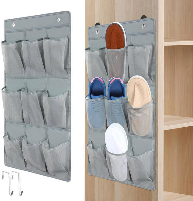욕실 RV 팬트리 캠핑용 도어 슈 홀더 정리함 위에 8개의 후크가 달린 옷장 RV 신발 보관용 18팩 포켓 월 걸이 신발장(블랙), Grey
