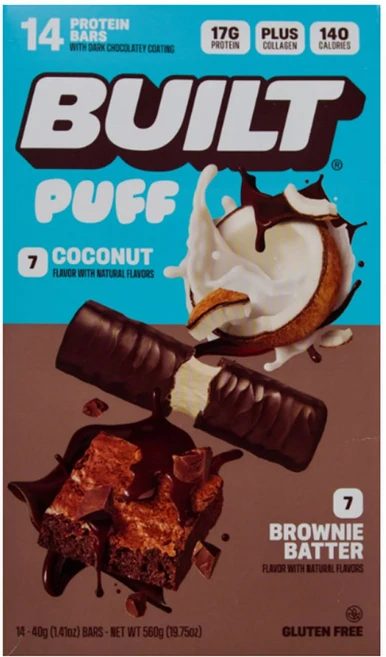 BUILT Puff 빌드 펄프 프로틴바 다크 초콜릿 코코넛 브라우니, 14개, 40g - 쿠팡