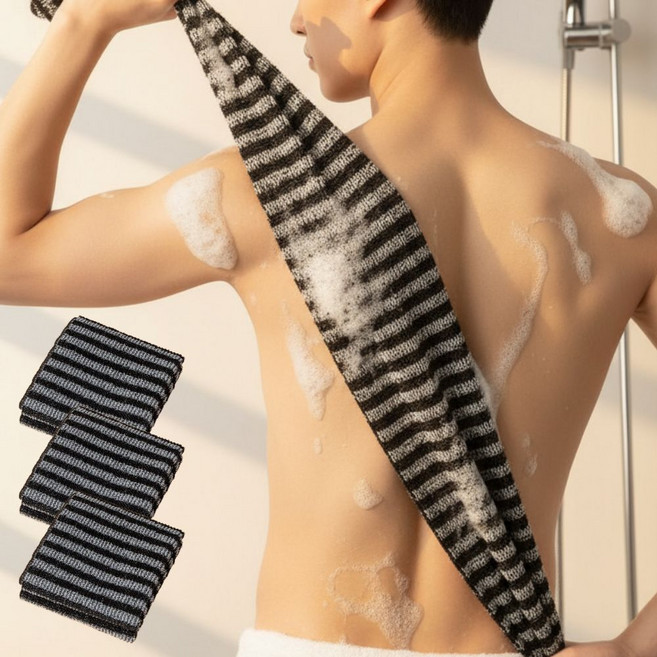 에브노 롱타입 까칠한 샤워타올 등샤워, 1세트, 3매입, 블랙