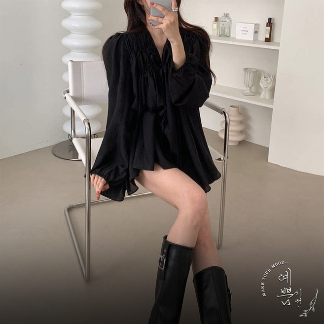 예쁨시전 오버핏 체형커버 프렌치 롱 미디 셔츠 블라우스