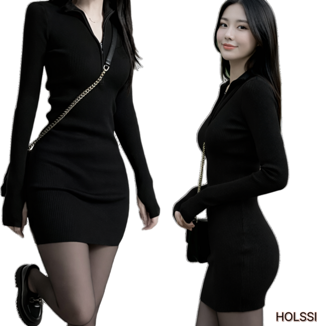 holssi 여성 슬림핏 집업 골지 미니원피스 긴소매 워머