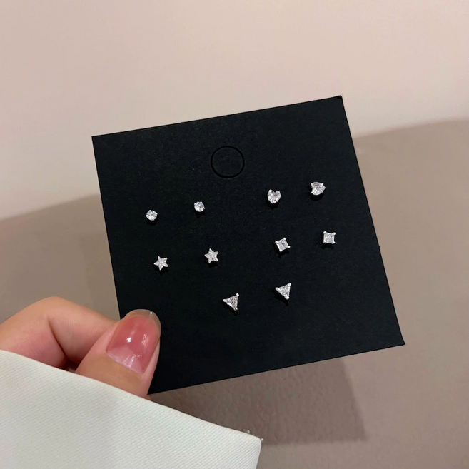 10개 세트 작은 크리스탈 귀걸이핀 미니 스톤 귀걸이 원형 하트형 사각형 삼각형 별 모양 반짝반짝 광택 귀걸이 세트 인스타그램 스타일 자유롭게 조합해서 매치 가능