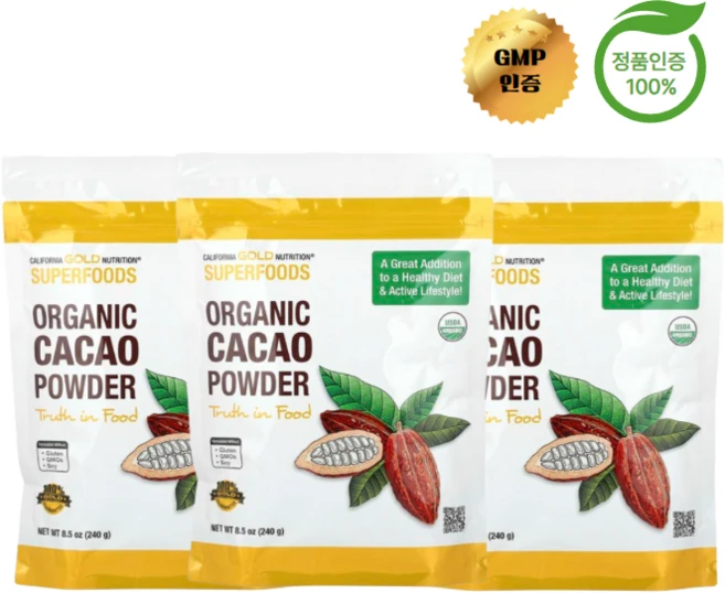 California Gold Nutrition 슈퍼 푸드 - 유기농 카카오 분말 240g*3, 3개, 240g - 쿠팡