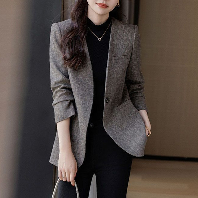 4위 - 미스손 여성 가을겨울 헤링본 자켓 노카라 싱글버튼 정장자캣 봄 블레이저 오피스룩 출근룩 하객룩 MQ26CX1