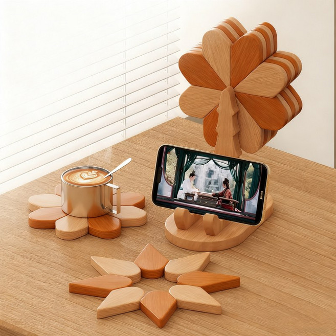 [CYLIFE] 2IN1 주방용 풍차디자인 냄비단열 받침 컵받침 휴대폰 거치대 원목냄비받침세트, 혼색3P, 1개