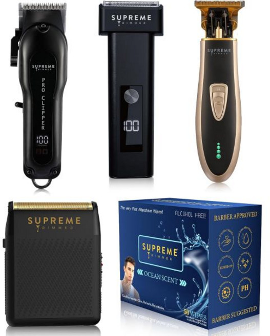 Supreme Trimmer슈프림 트리머 3in1 이발기 번들 프로 클리퍼 티 셰이퍼 크런치 포일 면도기 수염 남성 헤어 키트 블랙, Starter Bundle