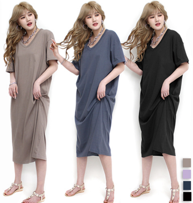 통통마녀 ] 네츄럴 브이 반팔 롱원피스 55~77 까지 착용 / 4컬러