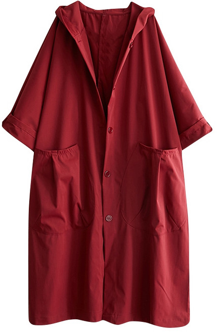 大口袋連帽風衣外套 及膝長版風衣 七分袖罩衫