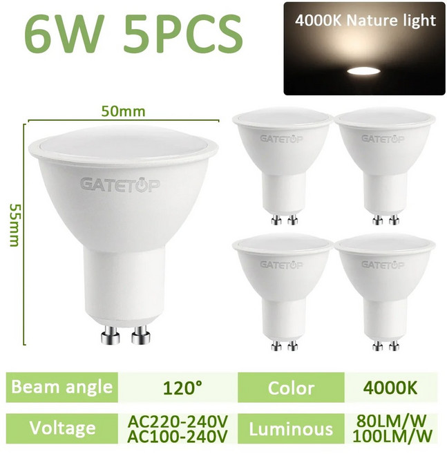 5PCS Hight 루멘 LED 스포트라이트 GU10 6W 120degr AC 220V 110V 따뜻한 흰색 깜박임 없음 교체 가능 40W 할로겐 램프 홈 Derec, 120degree 4000K, AC220-240V
