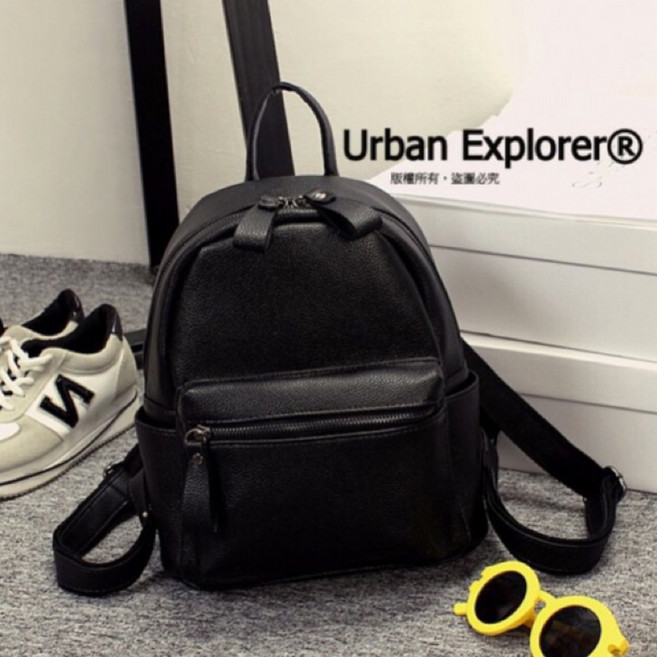 荔枝紋休閒背包 皮質小巧後背包, Black