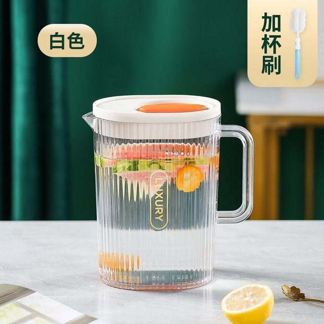 無品牌 塑料冷水壺 涼水壺 泡茶大容量, 1個, 條紋款2000ml 白色+盃刷