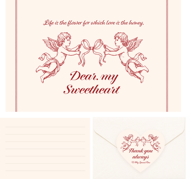 포포샵 감성 메세지 카드 편지지+봉투+스티커 세트, 5개, 레드 큐피드