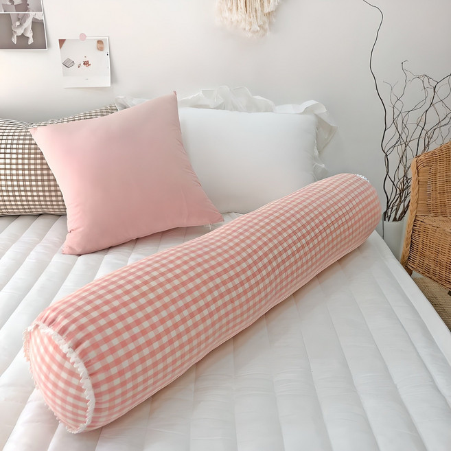 누블 깅엄 체크 광목 바디필로우, 딸기우유핑크