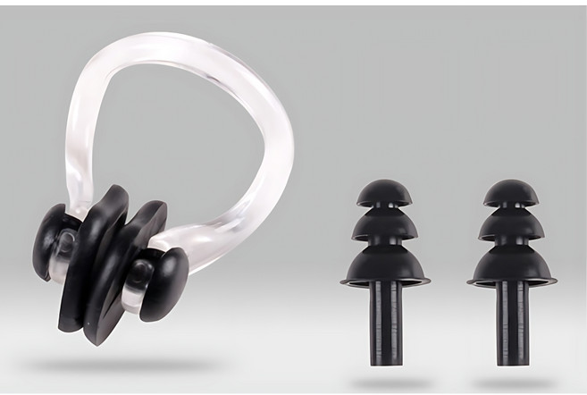 TAPONY 수영 귀마개 코마개 세트 실리콘 이어플러그 코드부착형귀마개, 블랙(귀마개코마개), 1세트