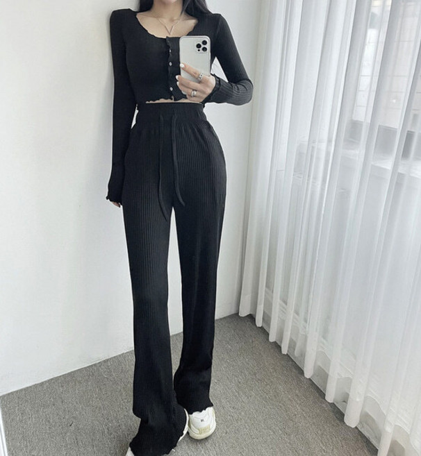 물결 밑단 포인트 세로골지 와이드핏 데일리 팬츠 3컬러