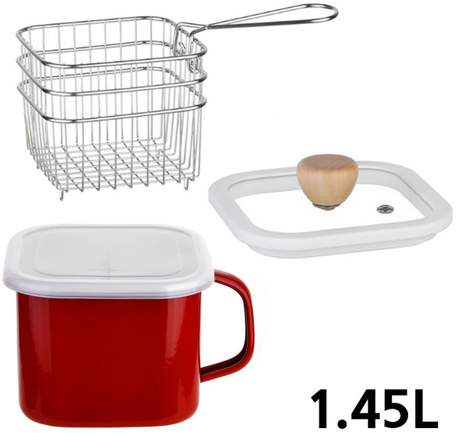 인덕션 사각 법랑 냄비 (1.45L) - 눈금 핸들 냄비, 1세트, (레드) 냄비 + 유리뚜껑 + 튀김망, 13.5cm