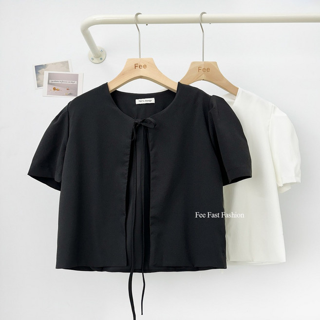 TGY's Design 簡約圓領綁帶短袖外罩衫 微短版蓬蓬袖多色可選