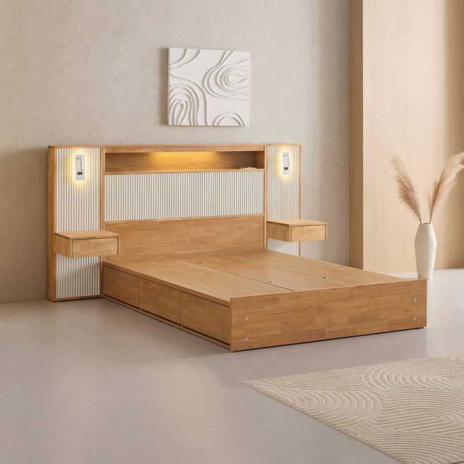 라로퍼니처 메이트 호텔식 LED 고무나무 원목 서랍 수납 침대 SS / Q 프레임, 협탁 1 포함