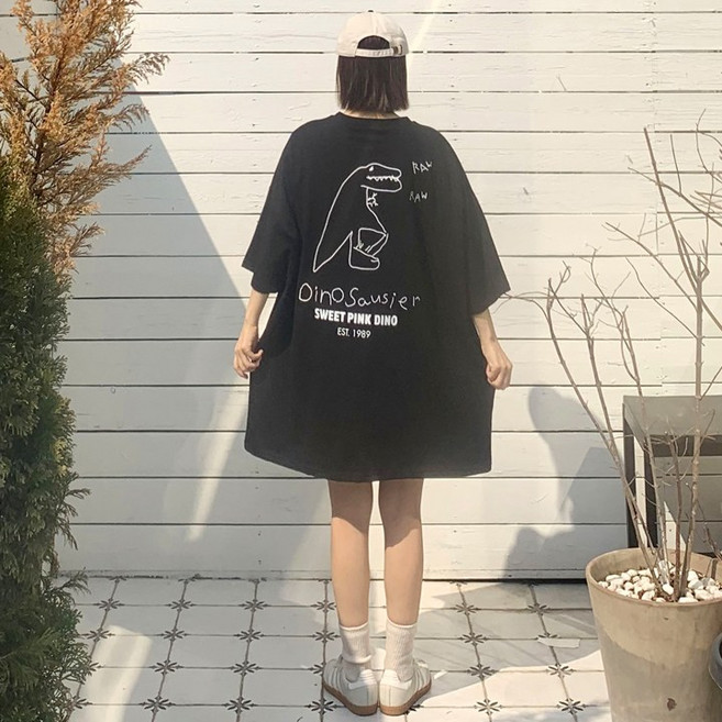 애플망고옷장 빅사이즈 반팔 국이 다이노 롱박스티 오버핏 여름티셔츠