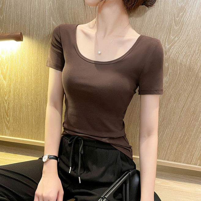 莫代爾白色短袖上衣 U領設計 露鎖骨 緊身剪裁 百搭款式 夏季女裝 基本款, 2XL